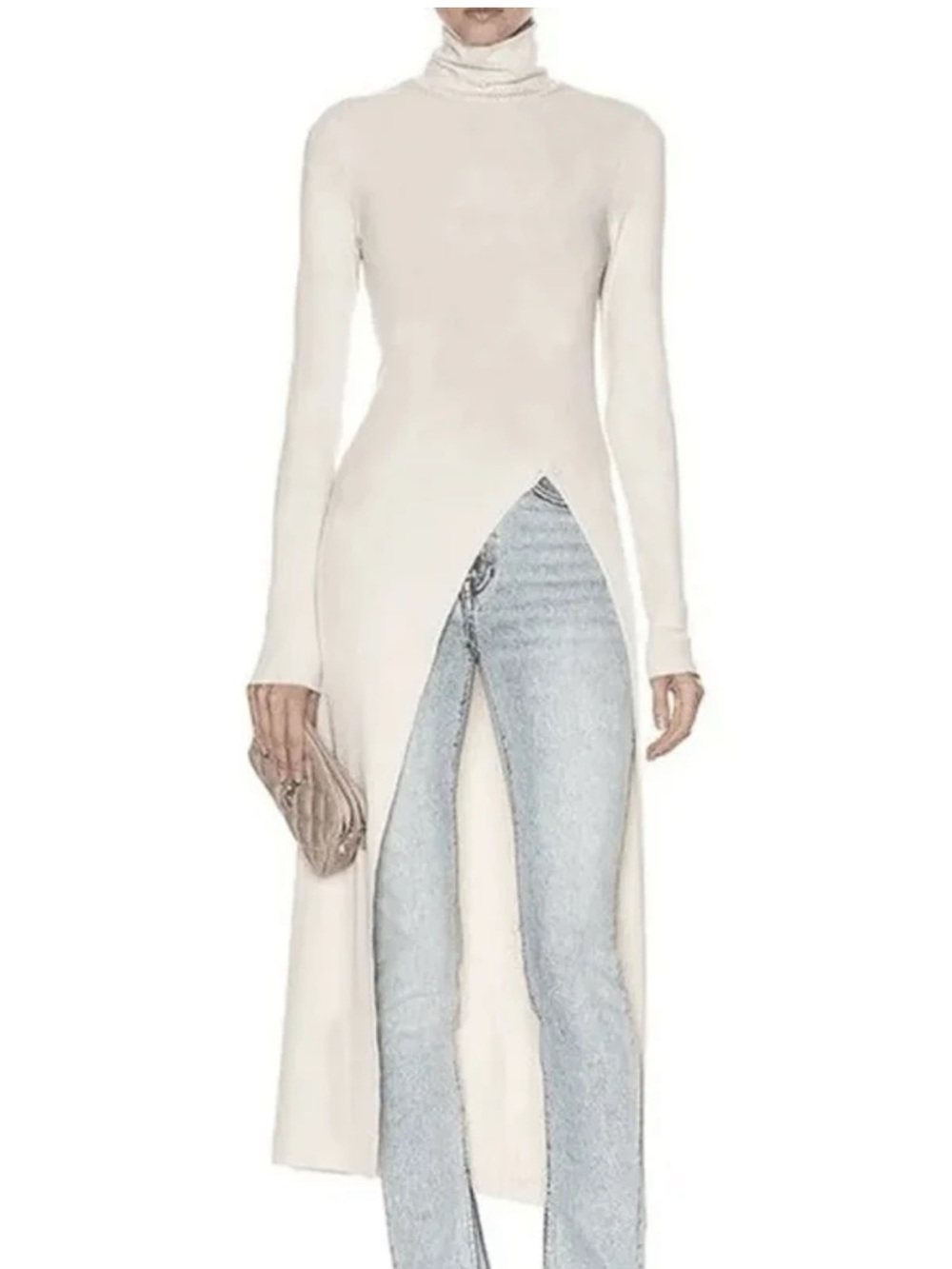 Long Sleeve Cream Split-Front Tunic Top